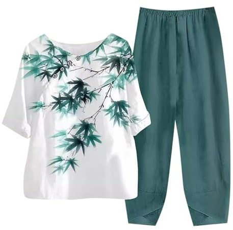 Generico Tuta Donna Completa Casual con Stampa Girocollo Bottoni A Maniche Tre Quarti E Pantaloni Look Elegante E Fresco Completo Donna Casual