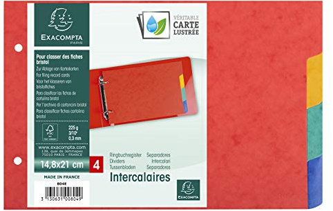 Exacompta - Réf. 804E - Paquet de 10 intercalaires pour fiches bristol en véritable carte lustrée souple 225g/m2 FSC® avec 4 onglets neutres -2 anneaux -Format à classer 148x210mm - couleurs assorties