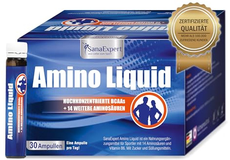 SanaExpert® Amino Liquid - Hochdosiertes Aminosäuren-Konzentrat mit BCAAs & Vitamin B6-30 Trinkampullen à 25 ml - Made in Germany