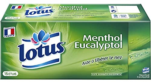 Lotus Menthol Mouchoirs en papier 15 étuis, Vert, 1 épaisseur, Pure ouate de cellulose, Léger, Eucalyptol, Lot économique de 3