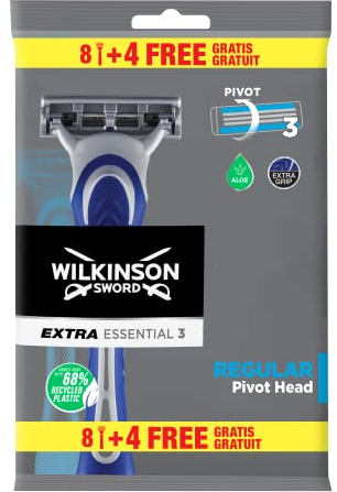 Wilkinson Sword Rasoio a 3 Lame per Uomo Extra 3 Essentials, 12 Pezzi
