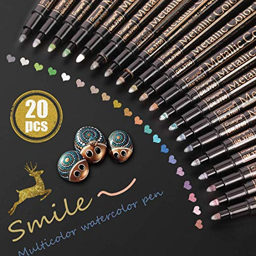 Premium Acrylstifte Marker Stifte für Steine, 20 Farben Marker Paint Pen, Metallic Stifte für DIY Fotoalbum Stein Metall Leinwand Papier Glas Kunststoff Keramik Holz Leder