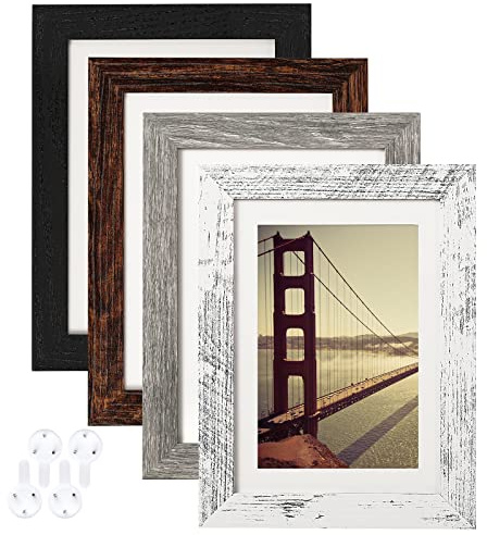 BAIJIALI 5x7 Picture Frame Distressed Farmhouse Wood Pattern Set of 4,Display 4x6 with Mat or 5x7 Without Mat,Multicolour
