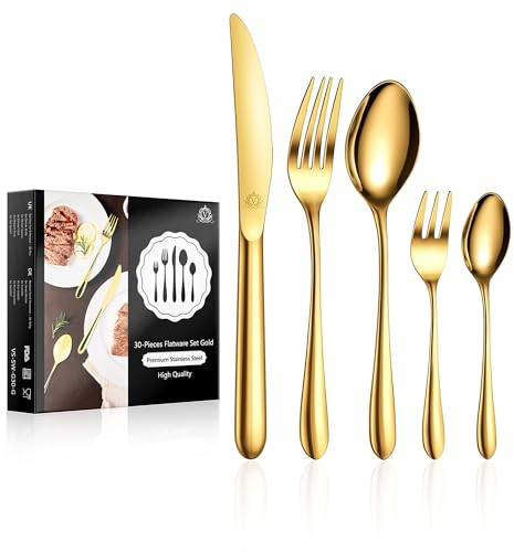 vancasso Besteck Gold Set 6 Personen,30-Teilig Edelstahl Besteckset mit Messer/Gabel/Löffel/Dessertlöffel, 18/10 Edelstahl Besteckset Poliert mit Geschenkbox, Spülmaschinenfest