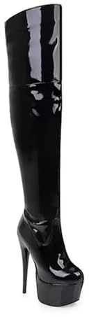 Donna Tacco Stivali Elasticizzati, Stivali Sopra Il Ginocchio A Stiletto, Stivali Lunghi Con Plateau E Tacco Altissimo, Stivali Alti in Vernice Con Cerniera Laterale (Color : Black, Size : 48 EU)