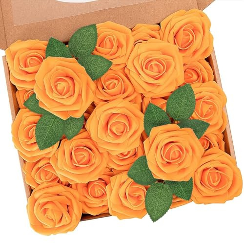 N&T NIETING Rose artificiali, 25 pezzi, rose in schiuma, finte rose con steli, fiori decorativi, fiori autunnali, decorazione per matrimoni, bouquet, decorazione per la casa, arancione
