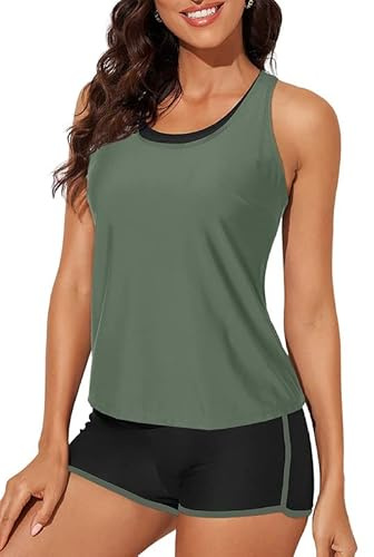 Bsubseach Racerback Tankini Badeanzüge für Frauen 3 Stück Badeanzüge Colorblock Bademode Grün S