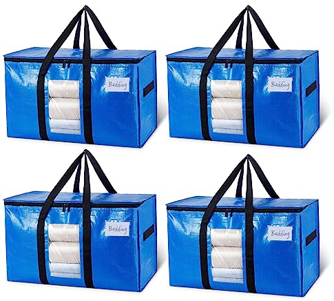 TAILI Extra Large Moving Bags, 4 Pack Blue Heavy Duty Totes For Storage with Visible Window, Wrap Around Handles, Storage Bags for Space Saving, Alternative to Moving Boxes