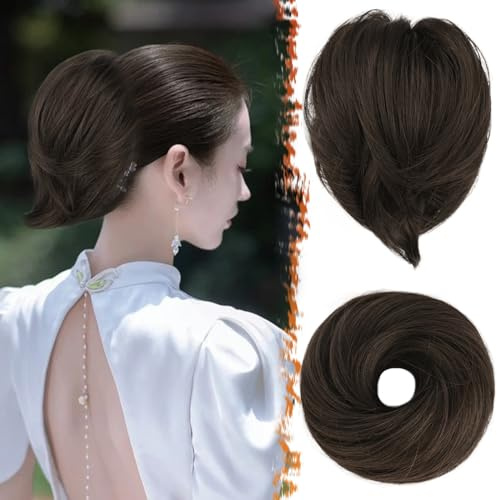 BARSDAR - Extensión de moño de pelo lacio color castaño, coletero sintético elástico para mujer, postizo corto diario, mezcla de marrón oscuro