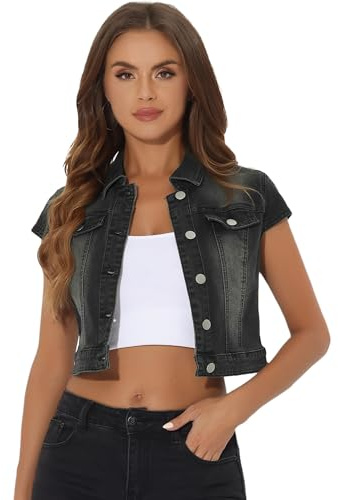 Allegra K Chaqueta vaquera de manga corta con botones para mujer 2024 | Mangas casquillo, botones, para uso diario casual, trajes de moda 2026