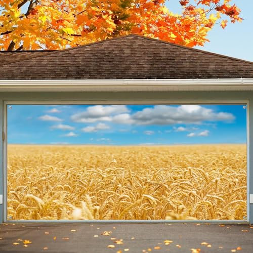 Toile de fond pour porte de garage automnale, 4 x 1,8 m Gloden Fall Wheat Fileld Blue Sky pour porte de garage, grande récolte, scène naturelle, Thanksgiving, ferme, décoration extérieure