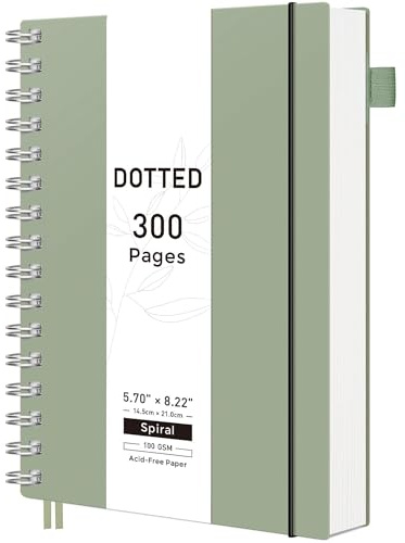 RETTACY Dotted Journal Notebook, 300 Pages, A5 Medium Size (5.7'' × 8.2''), 100 GSM Thick Paper, Flexible Plastic Cover, Spiral-bound, for Journaling, Planning, Tracking (Sage Green)