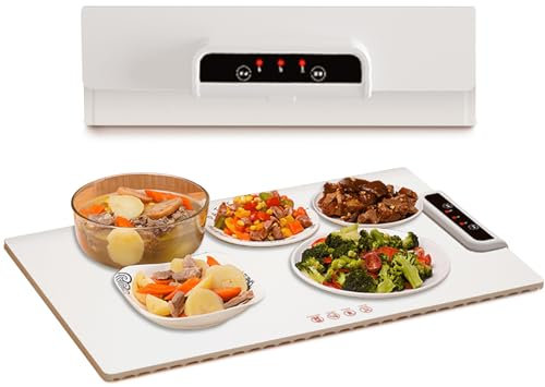 Chauffe Plat Électrique, Chauffante Plat Électrique Pliable Enroulable Plaque Chauffante Electrique avec Minuteur et 3 Réglages de Température 60-100 ℃ pour Fêtes, Buffets, Réunions de Famille