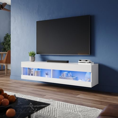 ZANOFIRA Floating TV Unit Stand with RGB LED Lighted, High Gloss TV Stand with 2 Open Storage Shelves, Modern Wall Mounted TV Cabinet for Living Room, 1300x300x300mm, White