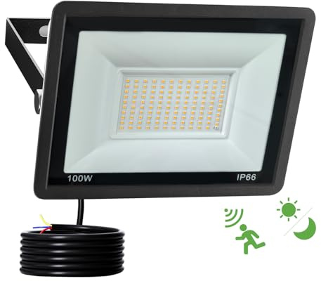 Fosingut 100W LED Strålkastare Utomhus Rörelsedetektor Radar,Superljus 10000LM Utomhusstrålkastare Säkerhetsbelysning,3000K Varmvit IP66 Vattentät LED Projektor Väggspotlight för Trädgård,Garage,Entré