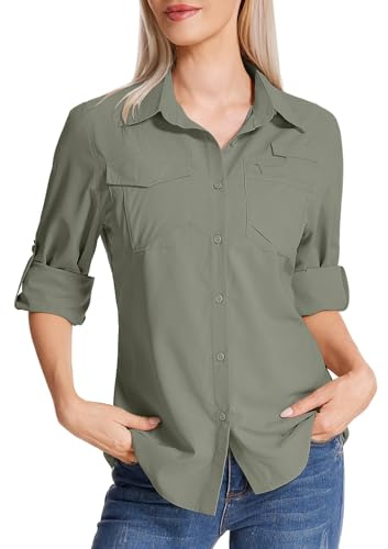 Camisa de safari de manga larga para mujer UPF 50 Protección solar UV Secado rápido Senderismo Caminata Pesca Viaje al aire libre, M