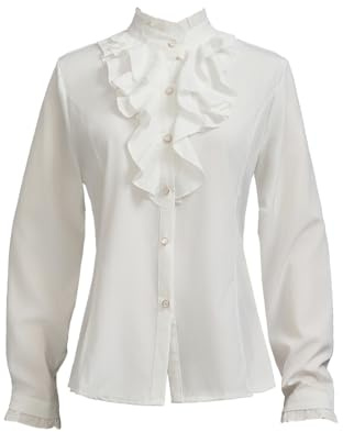 Taiduosheng Camicetta da donna in stile vittoriano vintage con maniche a tromba, top con collo alto, camicetta con volant e abbottonatura, Bianco 3, S