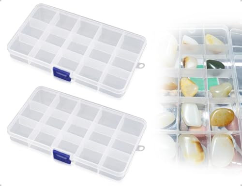 Emezddo 2 pezzi di scatola di plastica per smistamento,scatola trasparente per piccole dimensioni,scatola portaoggetti per gioielli con 15 scomparti regolabili e coperchi,utilizzata per riporre perle