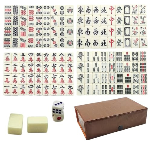 Chinesische Mahjong -Spielset - Mini Tragbares Majiang -Set Mit 144 Kacheln Für Reisen | Kompaktes Mah Jong -Spiel Mit 2 Zusätzlichen Fliesen Und Würfel Für Erwachsene | Traditionelles Brettspiel Für