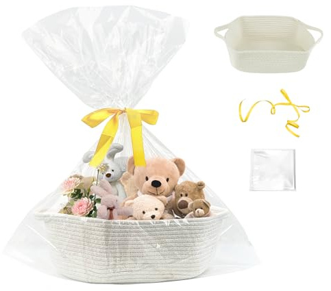 Cestas para Regalo, Cestas de Almacenaje de Cuerda de Algodón Trenzada Con Bolsa y Cinta, Cesta Bebé Con Asas, Cesta para Regalo Vacia, Cesta Regalo Bebé, Cestas Baño Para Bebé, Juguetes