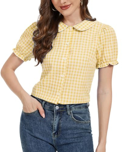 MINTLIMIT Women's Summer Gingham Blouse 2026 Plaid Top Short Sleeve Button Down Peter Pan Collar Shirt