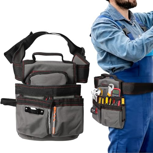 Cinturón de Herramientas Electricista, Bolsa Porta Herramientas Cintura, Magnética Riñonera Herramienta Ajustable de Tela Oxford 1200D para Hombre, Carpinteros, Trabajadores Construcción (Gris)