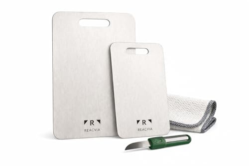 Reacvia. 2 Tabla de cortar acero inoxidable de doble cara.Tabla de cortar de titanio antibacteriana, sin BPA para todo tipo de alimento.Tabla cortar acero inoxidable (34x23 y 25x15 cm).