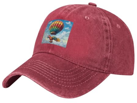 WHJDPP Black Washed Denim Baseball Cap Parrot Hot Air Balloon Picture Adjustable Cotton Hat Breathable & Lightweight, Red, One Size