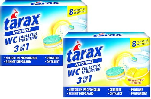 Tablettes WC 3-en-1 Tarax Nettoyant, Détartrant & Désodorisant – Anti-Calcaire Efficace sous l’Eau – Compatible Fosse Septique – Senteur Citron – 8 Tablettes - Lot de 2