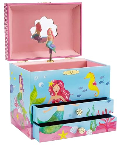 Jewelkeeper Mermaid Musical Jewelry Box for Girls with Two Pullout Drawers, Underwater Design, Plays Over The Waves Tune, Durable Pine Fiberboard, Suitable Gift for Kids Jewelry Storage