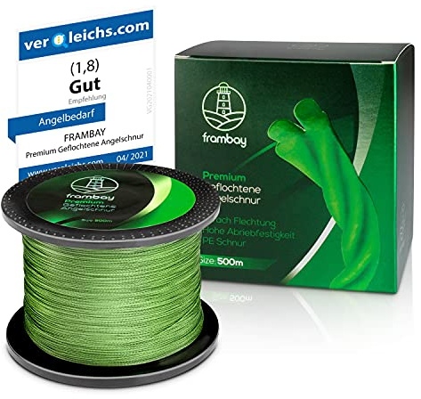 Frambay Geflochtene Angelschnur mit starker 4-Fach Flechtung I Angelschnur geflochten und flexibel I Fishing Line, Angelsehne, Angel Schnur - 500m & 150m