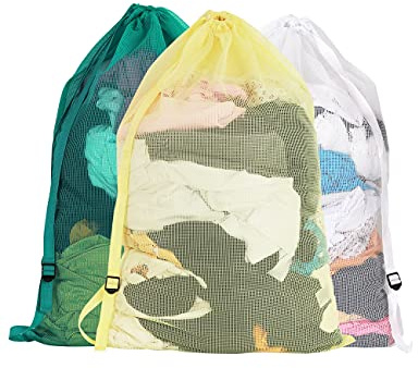 Mesh Laundry Bags with Adjustable Shoulder Strap, 24 x 36 Heavy Duty Nylon, Drawstring Closure, 3-Pack, Mixed Colors