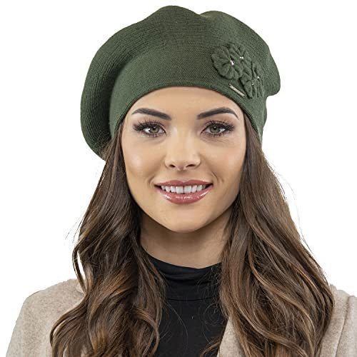 VIVISENCE Baskenmütze Damen Elegant Blume Warm Herbst Winter Accessoire 7006, Grün,Einheitsgröße