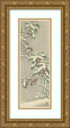 ArtDirect Ohara Koson 9x18 Gold Ornate Frame and Double Matted Museum Art Print Titled - Sparrows on Snowy Currant Bush (1900-1945)