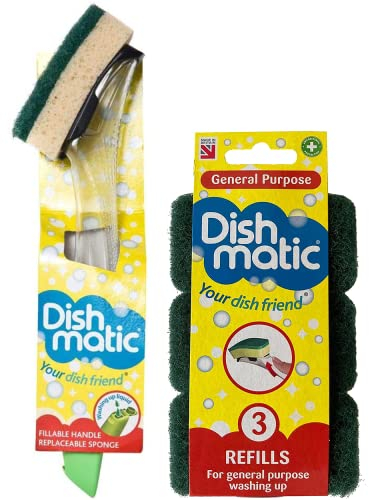Spazzola e spugna riempibili per lavare i piatti, con 3 ricariche di spugna multiuso