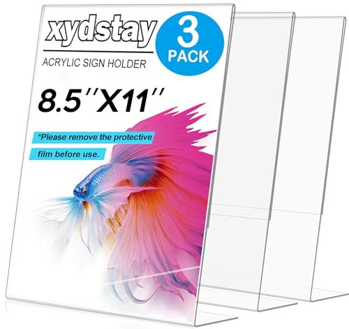 xydstay 3 pack 8.5x11 Acrylic Sign Holder for Picture Frames, L Shape Clear Plastic, Plastic Sign Holder,Menu Holder, Unbreakable Table Sign Holder for Restaurant, Office, School, Store and Home Use