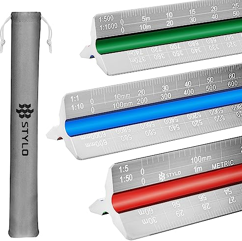 Stylo 30 cm Aluminium Architektonisches Lineal, dreieckig, metrische Skalen 1:20, 1:25, 1:50, 1:75, 1:100, 1:125, Ideal für Architekten, Studenten, Zeichner, Ingenieure (Grau, Metrische Einheiten)