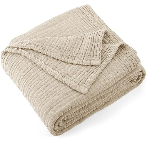 Carriediosa 100% Cotton Muslin Throw Blanket 70 X 80 Twin Size，4-Layers Summer Gauze Throws for Bed Couch，Soft Lightweight Breathable Linen Blankets Bedspread for Adults All Season，Khaki