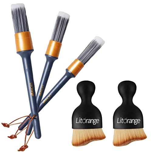 LitOrange Car Detailing Brush Set, 5 Pcs Different PET & PPT Mixed ​Fiber Plastic Handle Automotive Detail Brushes for Cleaning Interior, Exterior, Wheels, Rims and Leather