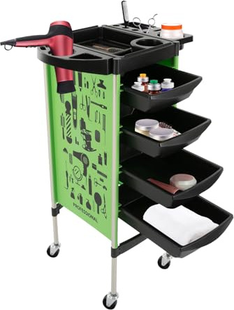 Carrello da parrucchiere con 4 cassetti e ruote, per salone, carrello da lavoro, trolley da parrucchiere (verde)