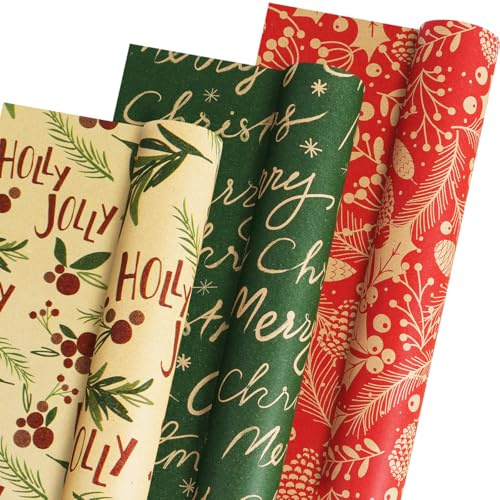 Rollo de papel de regalo de Navidad, 3 rollos de papel de estraza marrón, verde y rojo, papel de regalo para Navidad, Año Nuevo, vacaciones de invierno, 43 cm x 300 cm por rollo
