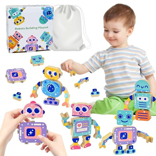 Ulikey Bloques Construccion Niños, Juguetes Montessori 3 Años, 28 Pieza DIY Robot Patchwork, Juguetes de Madera con Botones, Motricidad Fina Juegos Educativos, Regalos para Niñas y Niños