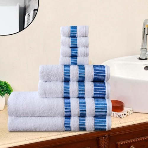 Northern Luxe 8 Piece Towel Bale Set - 600 GSM Egyptian Cotton, Ultra Soft, Absorbent & Durable Terry Towels for Face, Hand & Bath Towel (LA Border Ocean Blue White, Bale of 8)