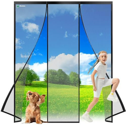 Magnetic Fly Screen Door Nets, 240x210cm Insects Protection Double Door with Powerful Magnets and Full Frame, Nets Patio Curtain Insect Mesh for Keep Insects Out Install,Without Drilling Black