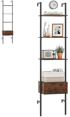 HOMASIS Leiterregal mit 5 Ebenen & Schubladen, 177 cm Wandregal mit Metallrahmen, Wandmontage Bücherregal, offenes Standregal Büroregal mit Kippschutz, Aufbewahungsregal für Wohnzimmer Büro, Braun