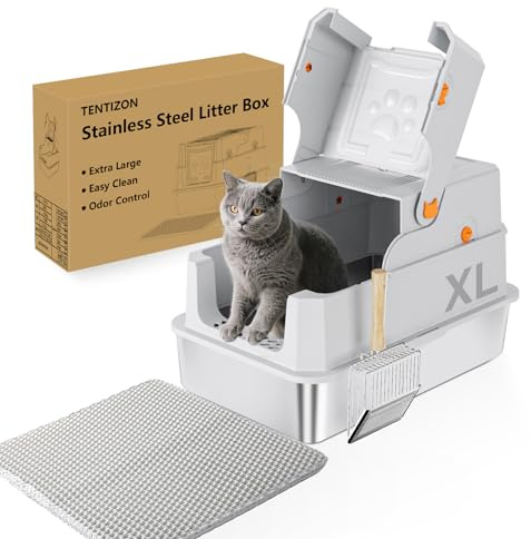 TENTIZON Stainless Steel Cat Litter Box with Lid, Large Covered Enclosed Kitty Litterbox with Hood, Flip Top, High Side, Litter Mat, Scoop for Big Cats, Kitten, No Odor, No Mess, Easy Clean, Grey
