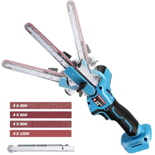 Akku Bandschleifer Kompatibel mit Makita 18V, Bürstenloser Akku-Bandfeile mit Schleifarme 9 mm und 13 mm inkl. 16x Schleifbänder, 6 Geschwindigkeiten, 100° Einstellbare Feilenschleifer (ohne Akku)