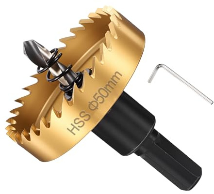 METALLIXITY Hole Saw 50mm (1-31/32), 4241 High Speed Steel Hole Cutter with Center Drill Bit, Hex Key and Spring -for Thin Metal, Plastic, PVC Boards. Gold
