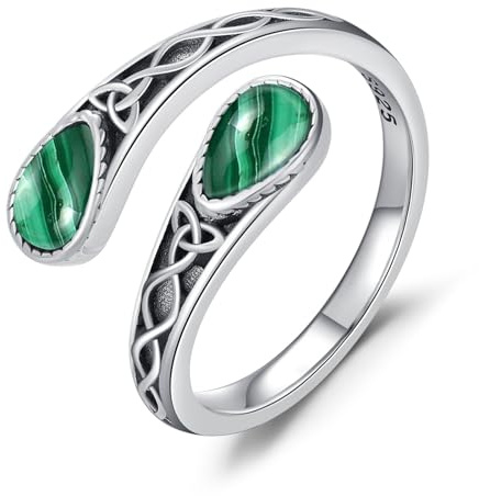 Anillo celta de plata de ley 925 para mujer, ágata musgosa, turquesa, piedra lunar, ámbar, malaquita, regalo para Navidad, Día de la Madre, San Valentín, 8, Plata de ley, Malaquita