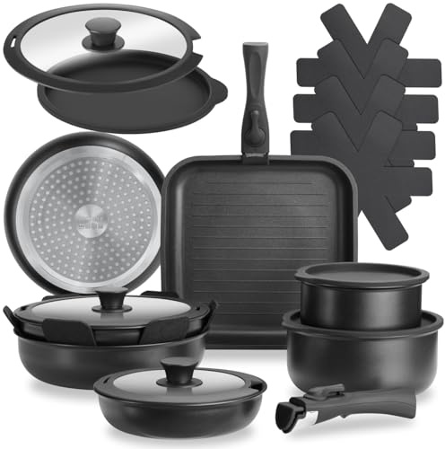tectake®, Set di pentole 17 pezzi, set pentole induzione anche per pianio a gas ed elettrici, pentola per pasta, antiaderenti, manici removibili - 2 Padelle, 1 Padella Grill, 2 Pentola Pot, 4 Coperchi